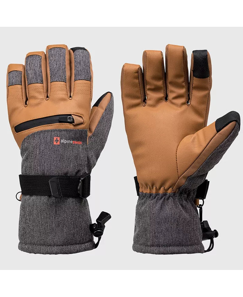 Men'S Waterproof Snow Gloves Zipper Pockets Winter Sport Mittens